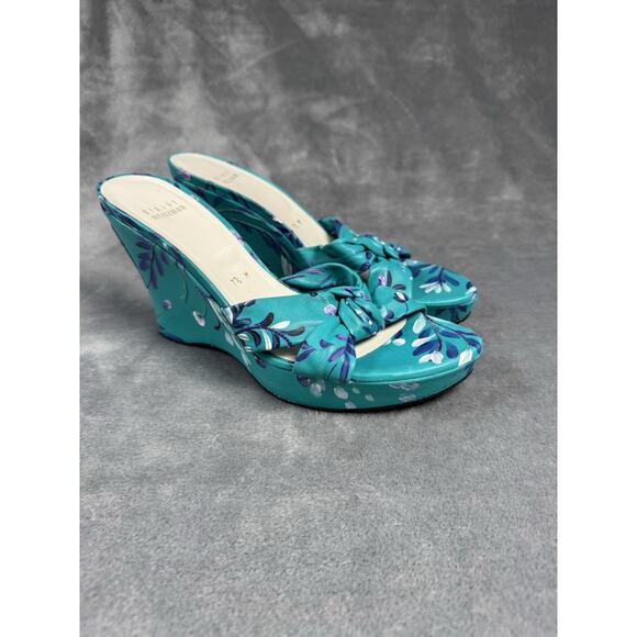 New! Stuart Weitzman RARE Turquoise Floral Statement Wedge Slip On Heel Size 7.5 - Picture 1 of 12